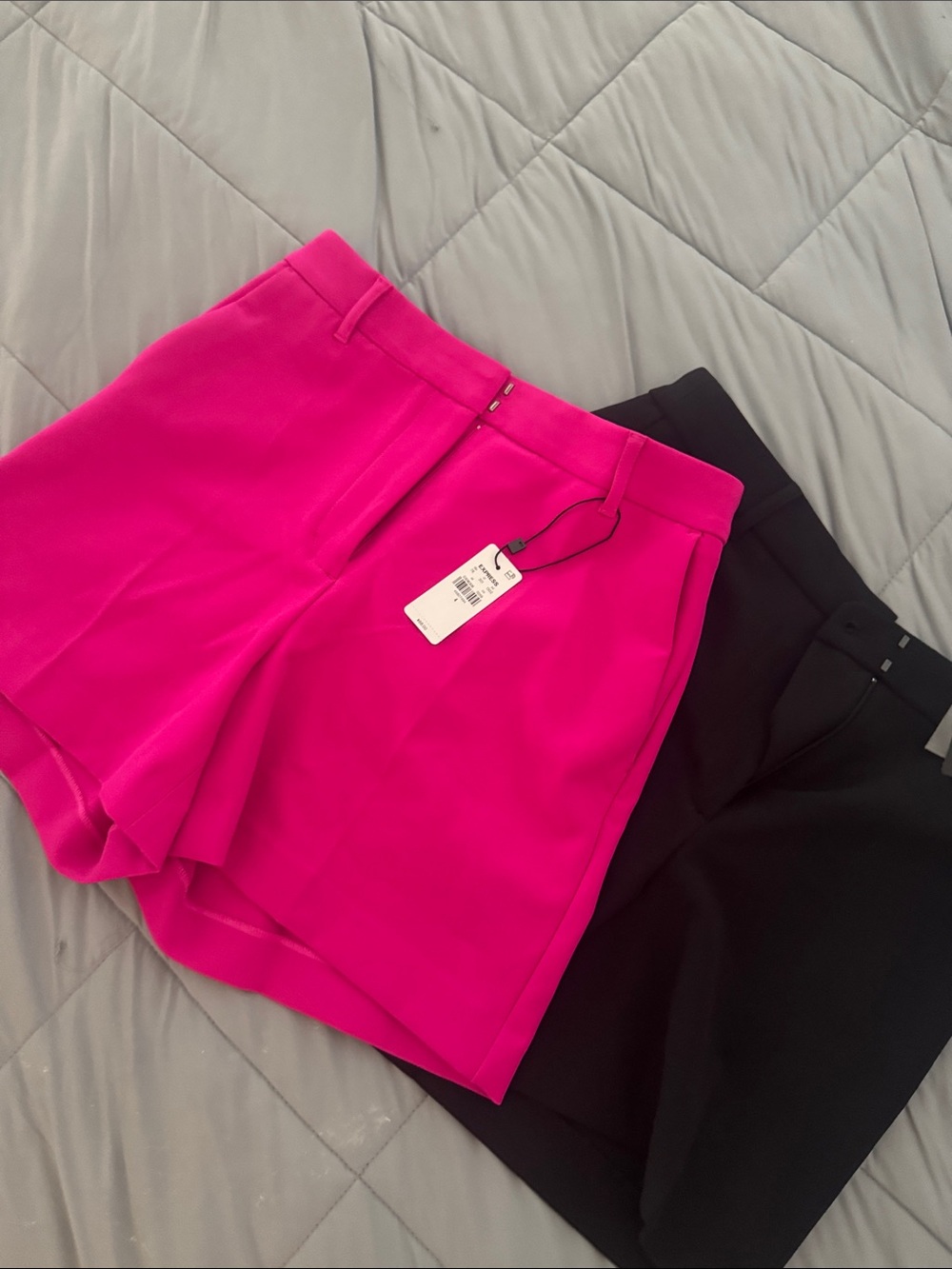 Express High-Waist Tailored Shorts in Bright Pink and Black